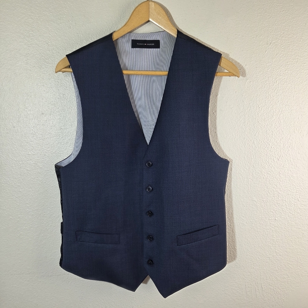 Tommy Hilfiger Mens M 100% Wool Suit Button Front Vest Navy Waistcoat